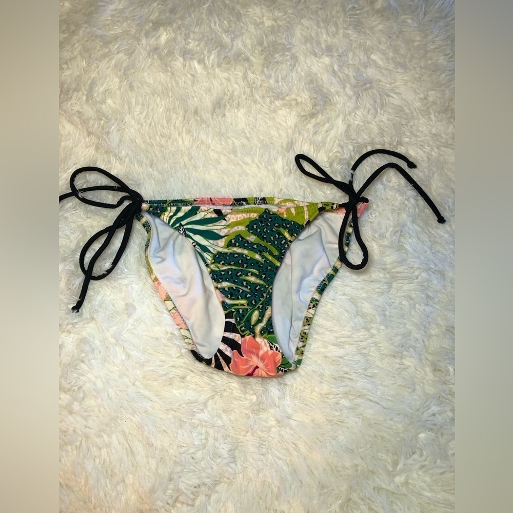 VENUS green and pink Tropical Print Bikini Bottom with Black Ties size 2 NWOT